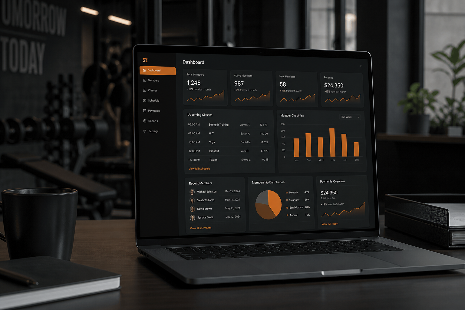 Admin dashboard on a laptop in a gym office